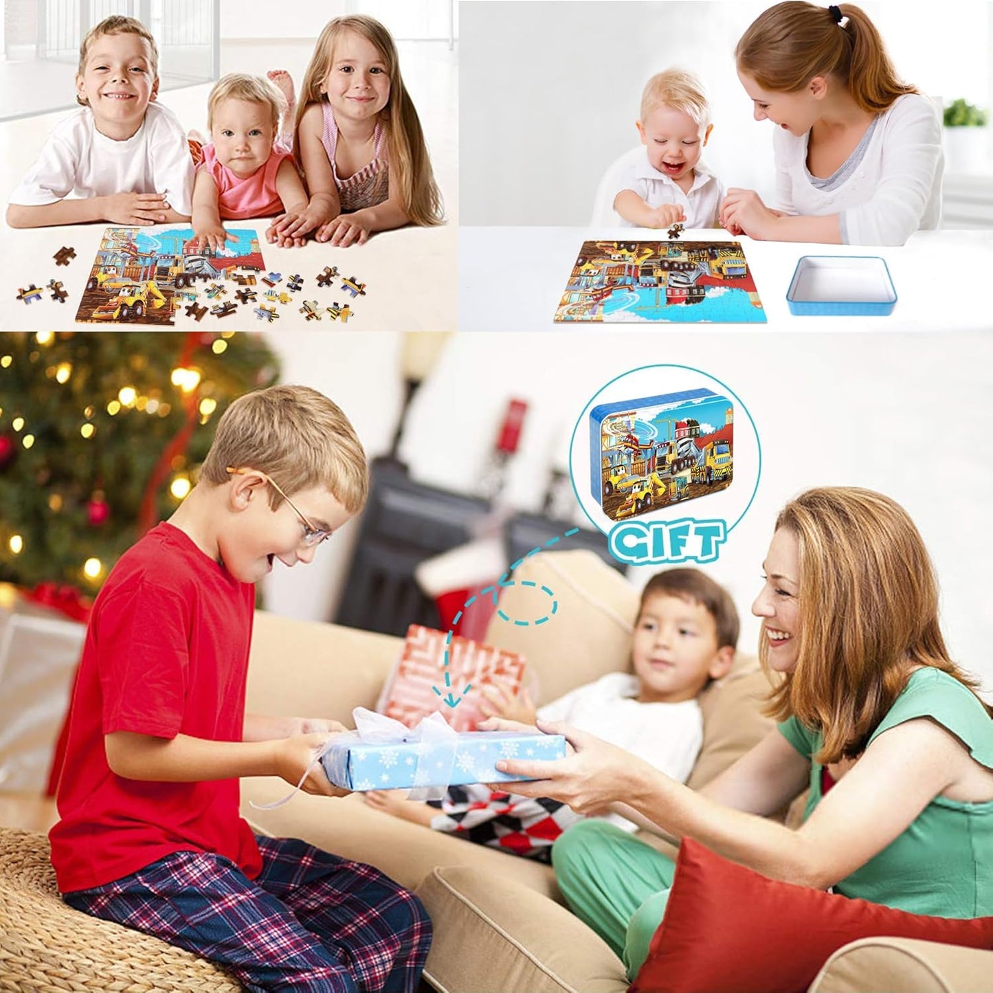 LELEMON 100 Pieces Jigsaw Puzzles in a Metal Box for Kids Age for 4-8 Boys Girls Toy Puzzles Construction Site Vehicles Children Learning Educational Puzzles Toys