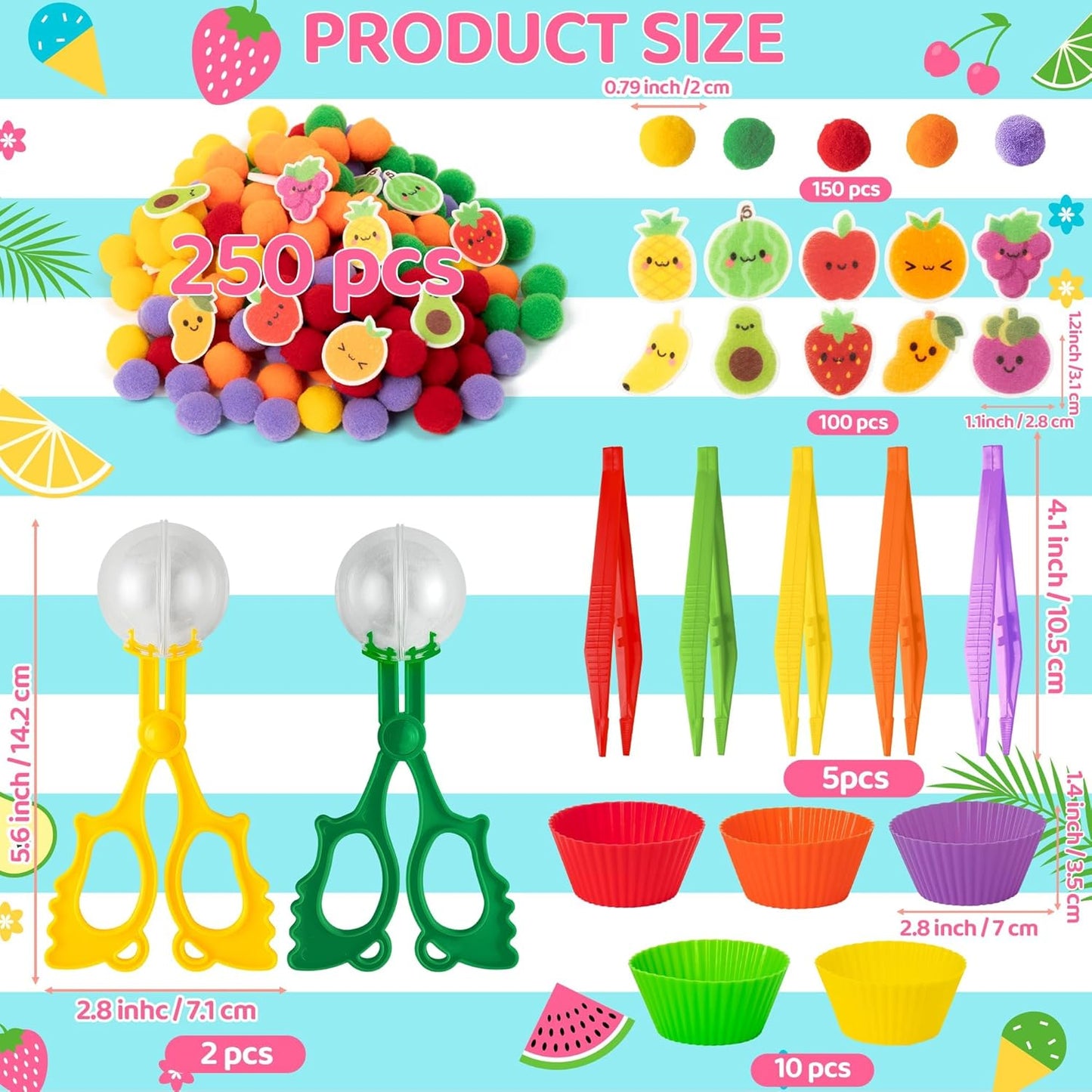 EZdhuawuse Summer Sensory Bin Fillers - 268P Fine Motor Toy Counting Sorting Set for Kid Birthday Easter Gift, Felt Phrases Heart Colorful Pom Poms Cup Clip for Preschool Education Activities