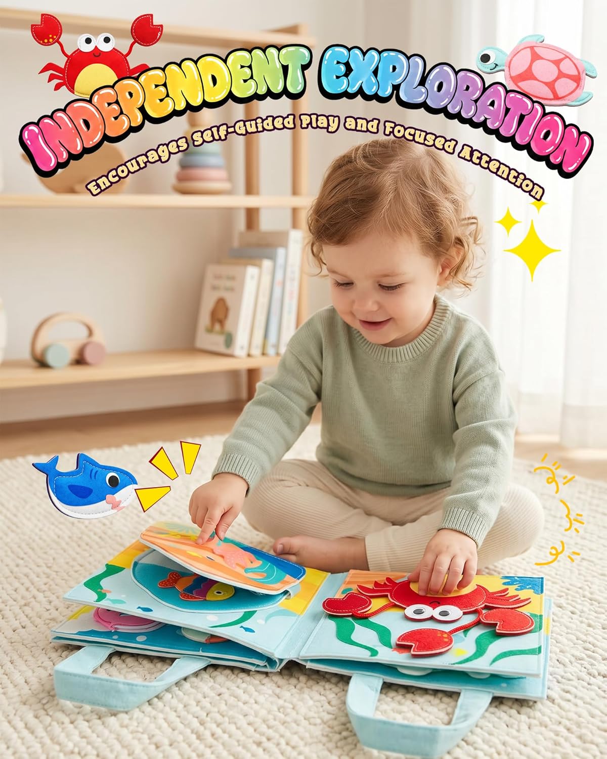 Montessori Busy Book for Toddlers, 8-Page Sensory Activity Book for Fine Motor Skills & Basic Dress Learning, Portable Travel Toy for Preschool Kids, Birthday Gift for Boys and Girls (Blue)
