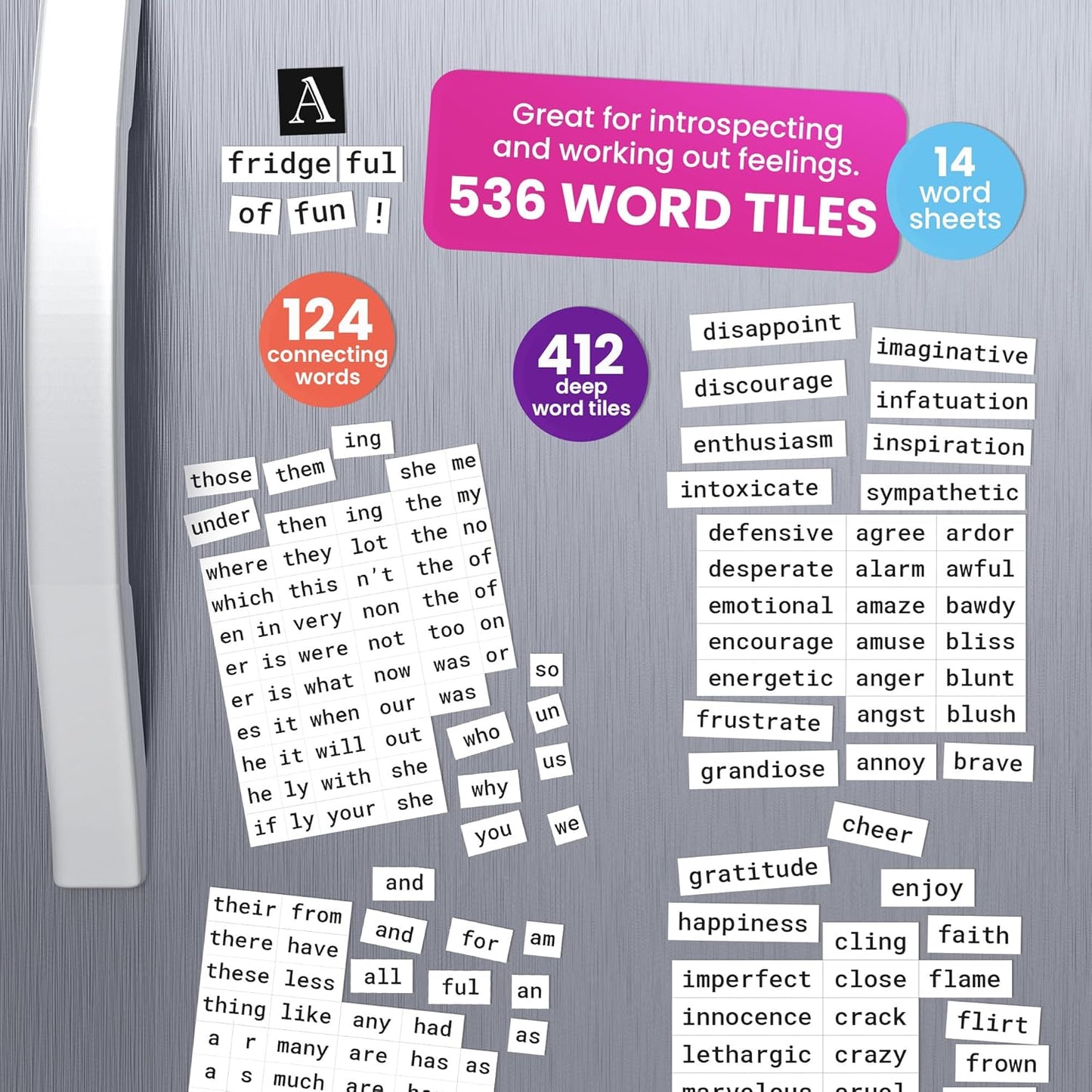 Poetry Tiles – 536 Emotion and Feeling Word Magnets for Refrigerator Stories and Poems – Fun Themed Magnetic Words for Joy, Happiness, and Self Expression for Adults and Kids