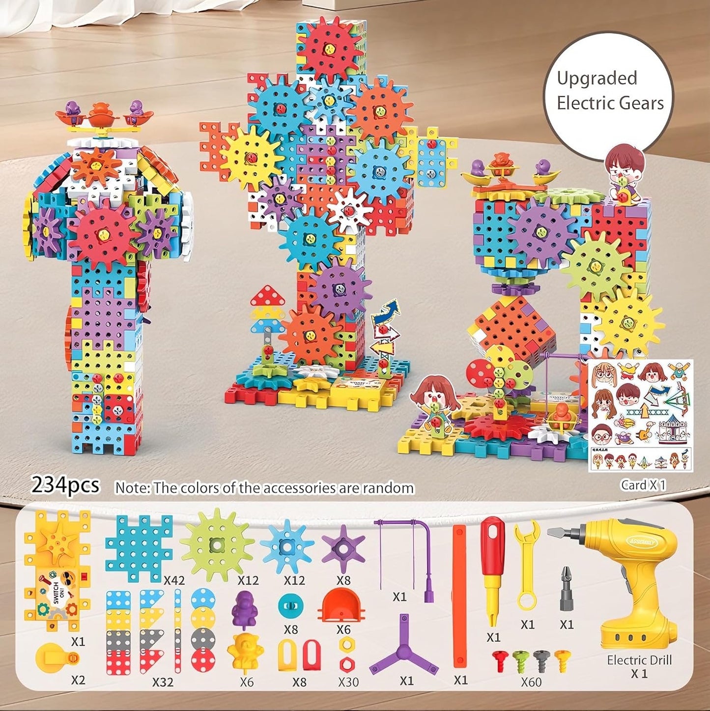 234Pcs Electric Montessori Building Blocks for Toddlers 3-5 4-8, Motorized Gear Construction Toy with Power Drill, STEM Educational Learning Set for Kids, DIY Moving Models, Birthday Gift for Boys