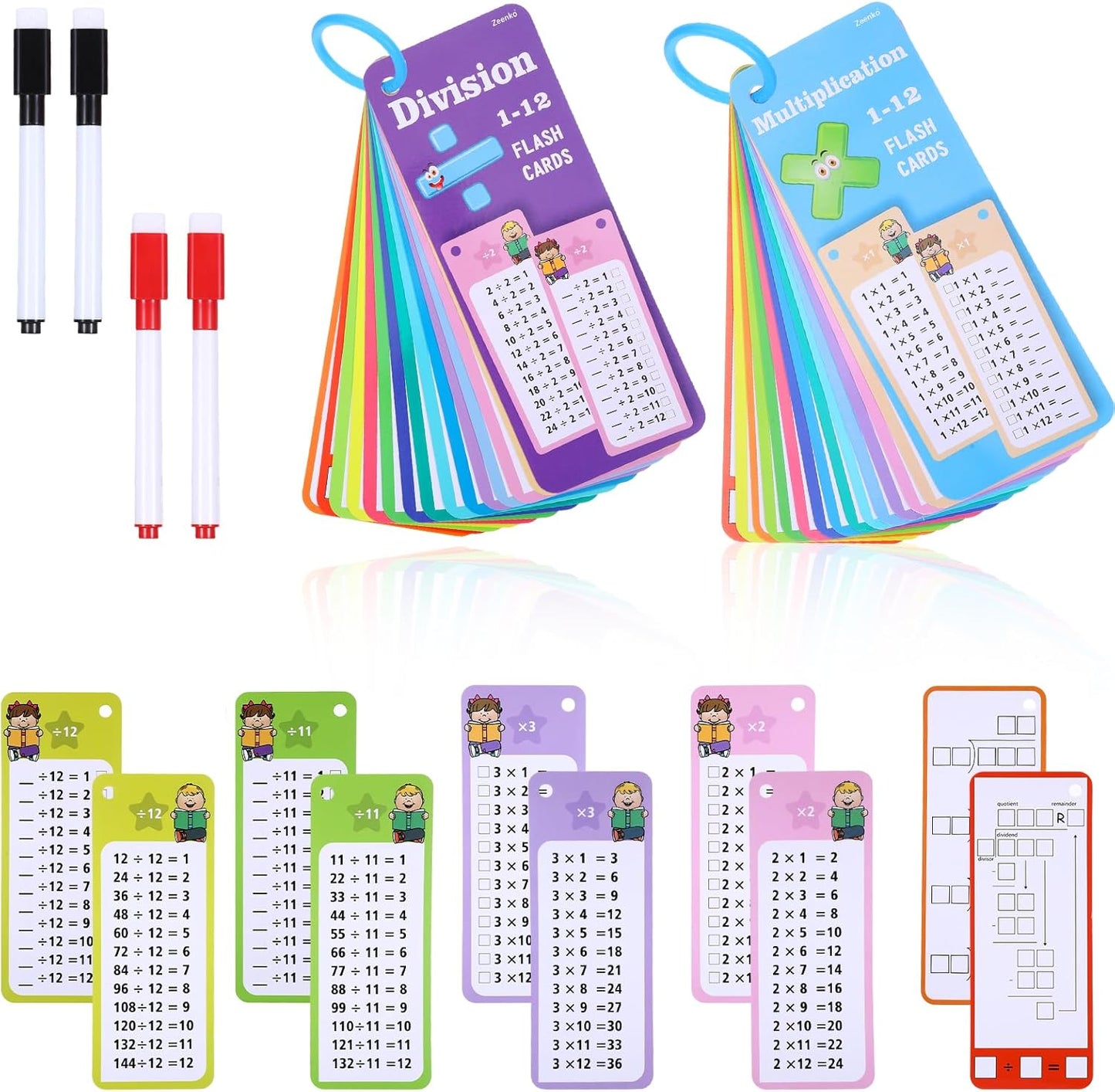 30 Pcs Addition and Subtraction Flash Cards, Math Flash Cards for 1st to 3rd Grades, Math Games Times Table Flashcards with 4 Dry Erase Pens 2 Rings for Learning
