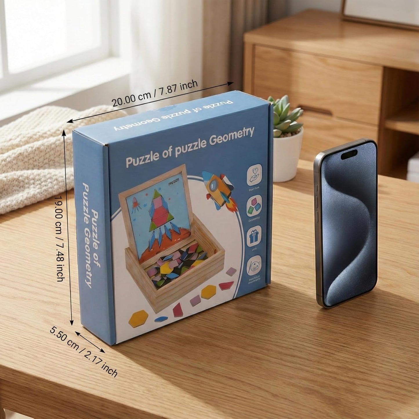 Magnetic Pattern Blocks Set, 75 Pcs Wooden Montessori Jigsaw Puzzles for Kids Ages 3-8, Geometric Shape Tangram with 60 Patterns & Storage Box, Travel STEM Toy Fridge Magnets Gift