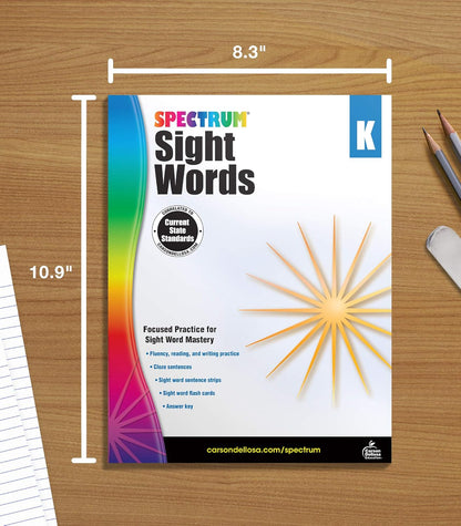 Spectrum Sight Words Kindergarten Workbooks, Phonics Book With Reading and Writing Practice, Vocabulary, Sentence Strips, and Flash Cards, Language Arts Classroom or Homeschool Curriculum