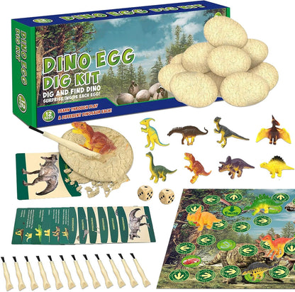 12 PCS Dinosaur Eggs Dig Kit, Dino Eggs Excavation Dig Kit with Play Mat Educational Learning Cards for Easter Eggs Science Activities Birthday Party