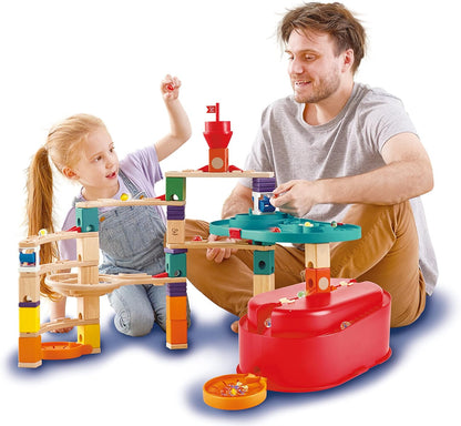 Hape 90 Piece Quadrilla Stack Track Bucket Box Marble Race Building Set for Children Ages 4 and Up with 25 Marbles for STEAM Learning