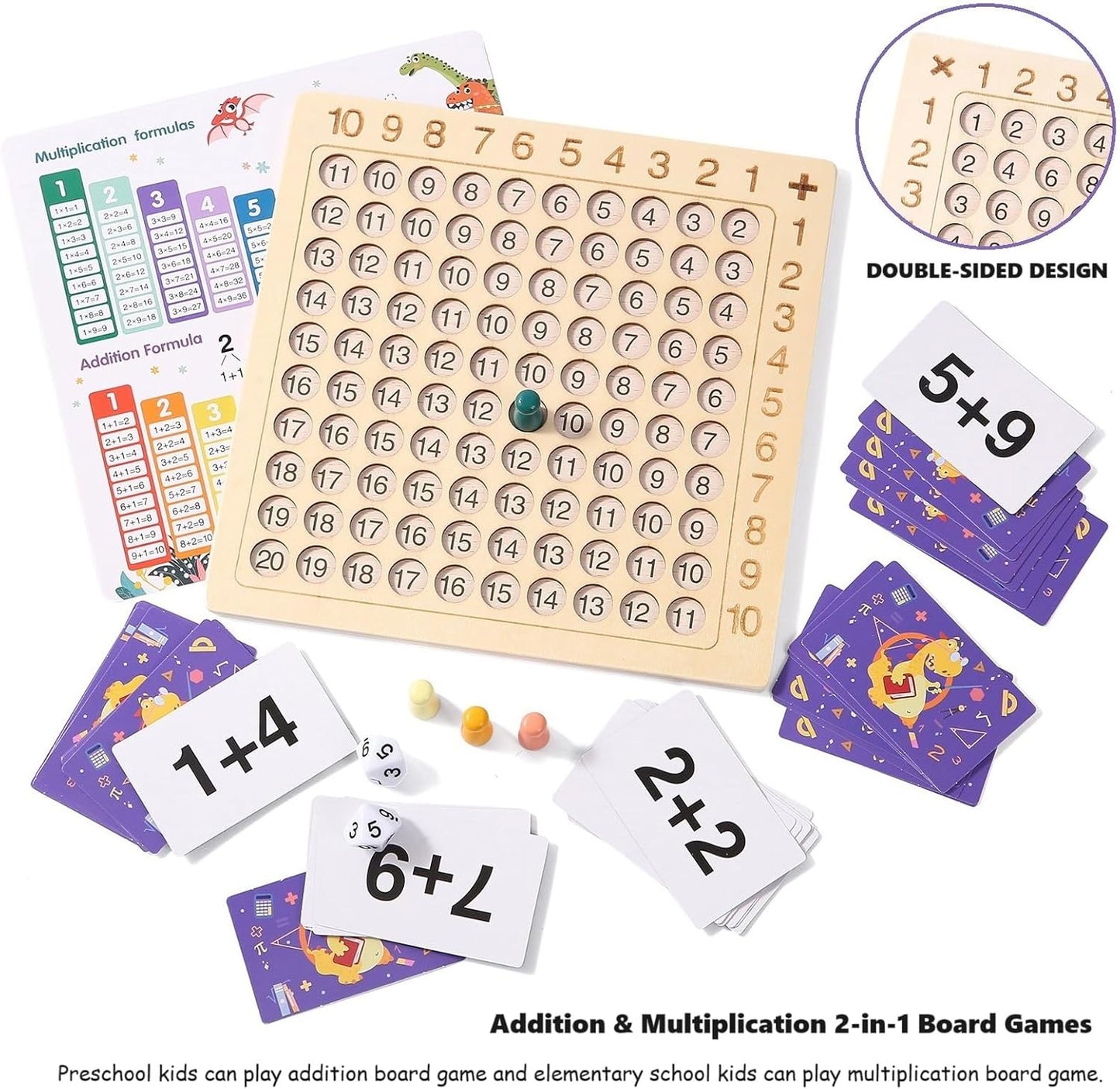 2 in 1 Multiplication Addition Math Board Game for Kids - Wooden Montessori Math Toys for Girls Boys 4 5 6 7 8 9 Years Old Wood Double Sided Board Table Dice Card Games for Family