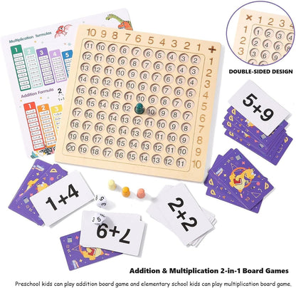 2 in 1 Multiplication Addition Math Board Game for Kids - Wooden Montessori Math Toys for Girls Boys 4 5 6 7 8 9 Years Old Wood Double Sided Board Table Dice Card Games for Family