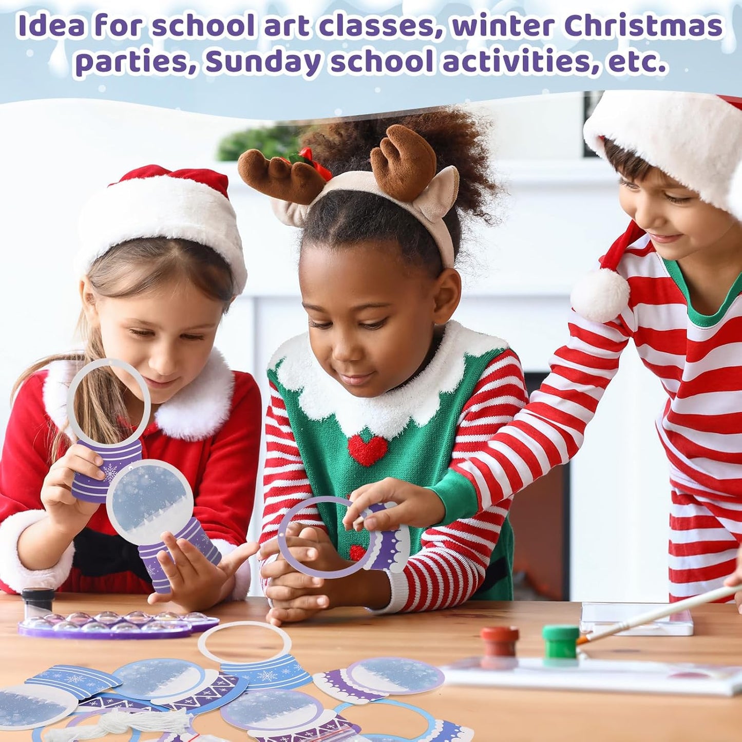 Threehoney 24 Pack Winter DIY Snow Globe Craft Kit for Kids Christmas 3D Shaking Snow Globe Hanging Ornament for Xmas Tree with Glitter Sequins Papers 3D Half Balls and Cards(Blue+Purple)