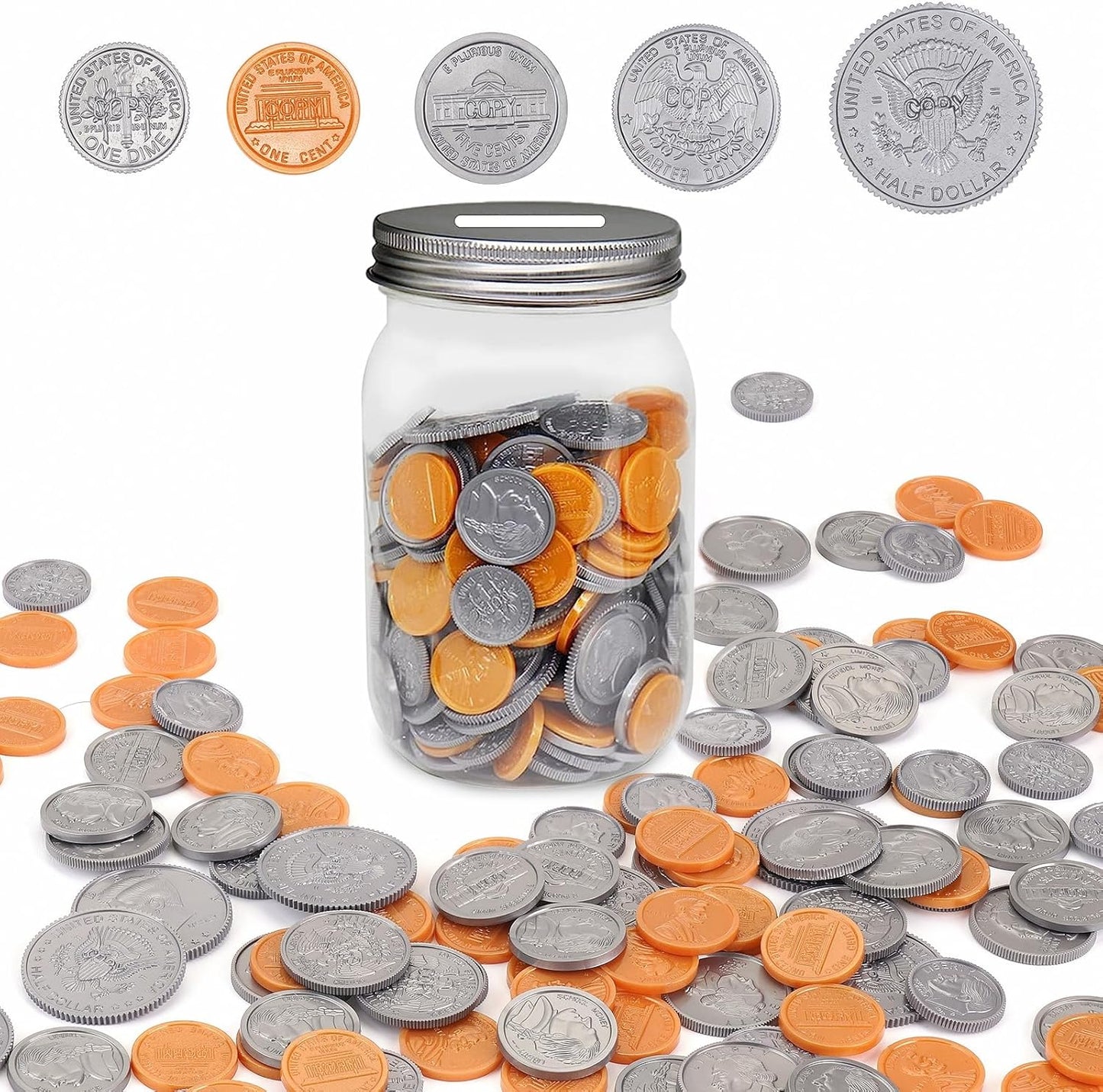 Play Money Coins for Kids, 250pcs Detailed Fake Money Coins with Coin Mason Jar, Realistic Teaching Pretend Money Coins Set, Plastic Toy Prop Money Coins for Kids Learning Education