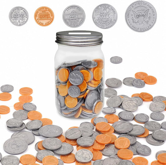 Play Money Coins for Kids, 250pcs Detailed Fake Money Coins with Coin Mason Jar, Realistic Teaching Pretend Money Coins Set, Plastic Toy Prop Money Coins for Kids Learning Education