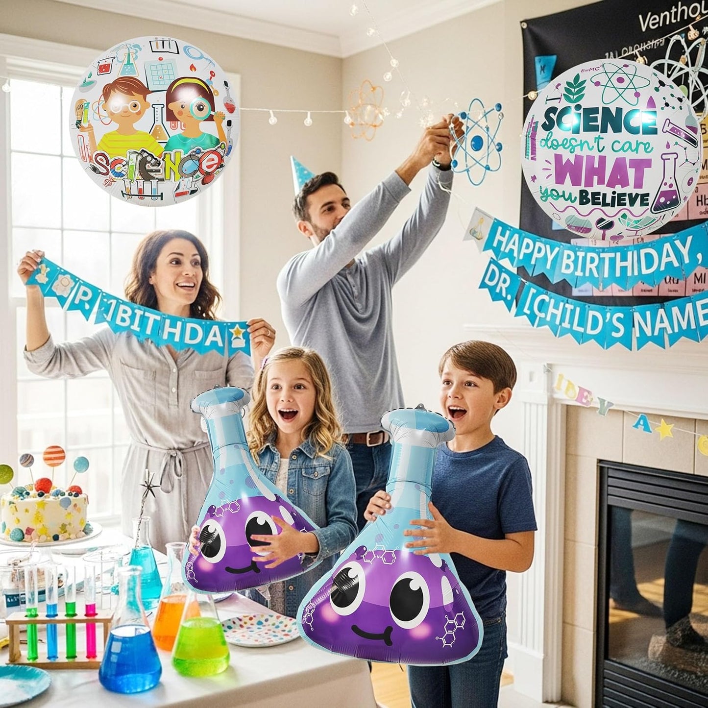 Science Party Decorations for Kids | 4 Pack STEM Foil Balloons with Lab Beaker and Science Icons | Educational Birthday Party Supplies for Classroom and Mad Scientist Theme