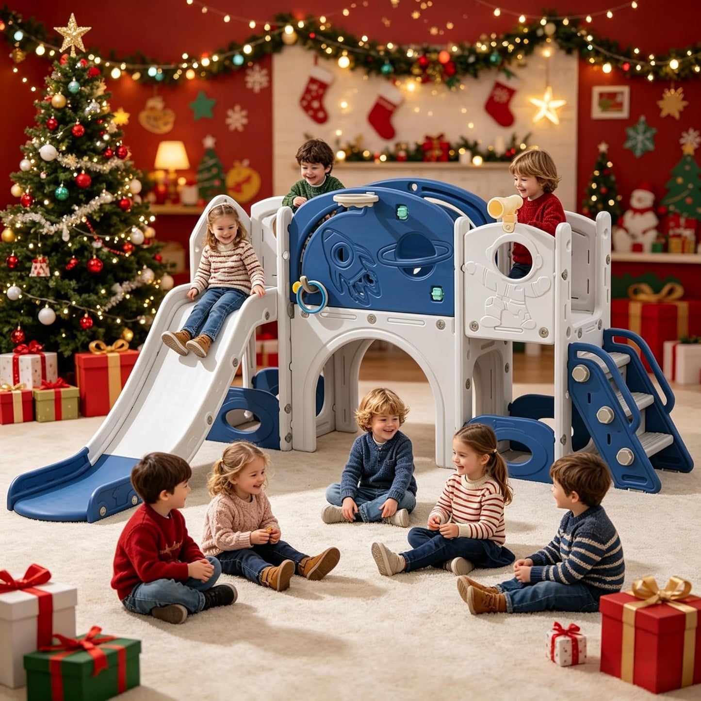 11in 1 Toddler Slide, Kid Slide for Toddlers Age 1-3 with Telescope, Basketball Hoop, and Telescope, Indoor Outdoor Playset Playground Blue Grey
