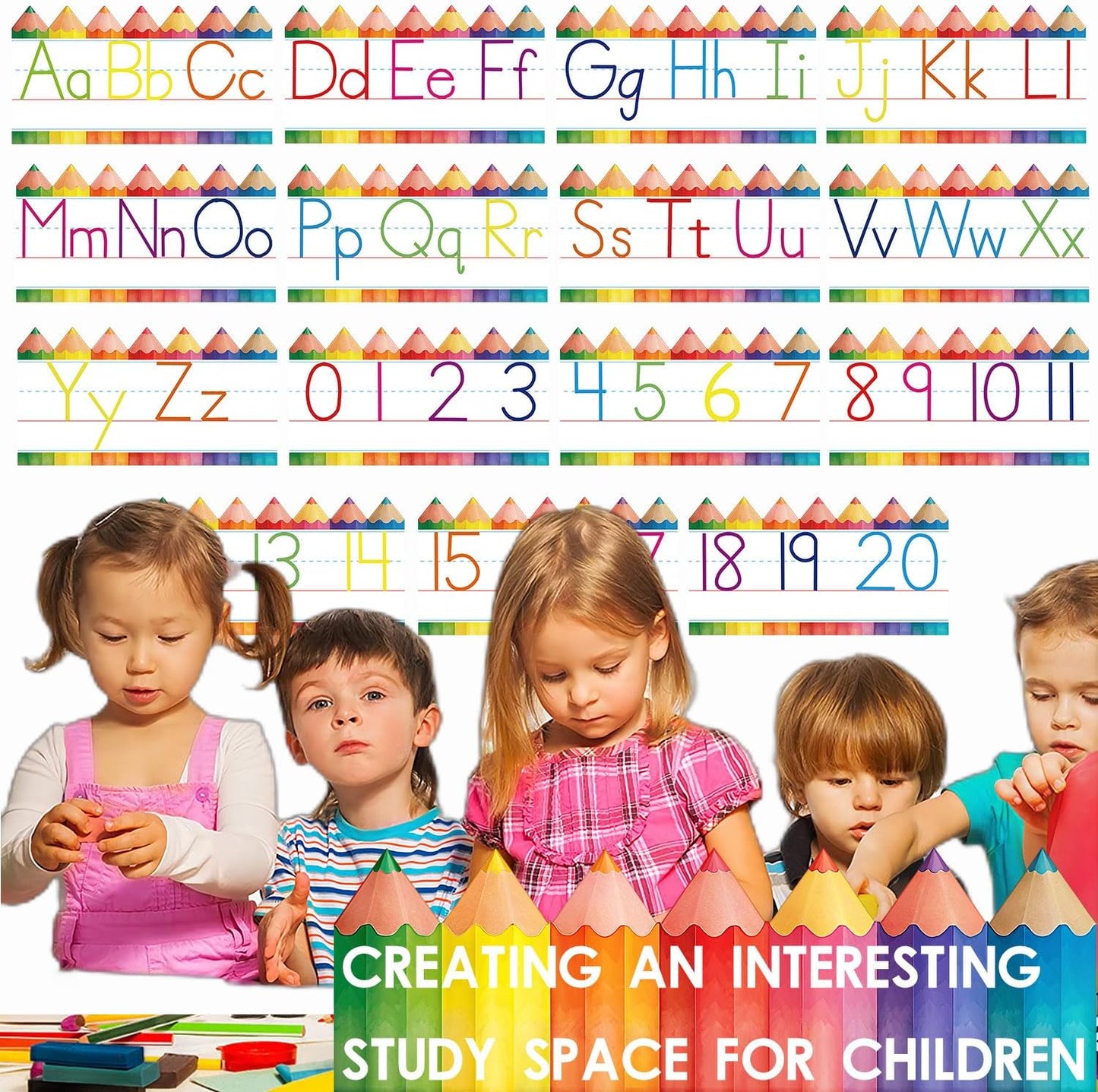 Alphabet for Classroom Wall - 15 PCS Crayon ABC Manuscript Alphabet Line for Classroom Wall Alphabet Bulletin Board Set for Pre School Elementary Classroom Homeschool, Playroom Bedroom Decorations