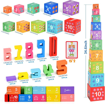 Wooden Number Building Blocks & Stacking Toys for Toddlers 3+ Years Old, Digital Building Blocks, 1-10 Digital Blocks Toys, Balance Competition Toy, Educational Gift for Kids Boys and Girls