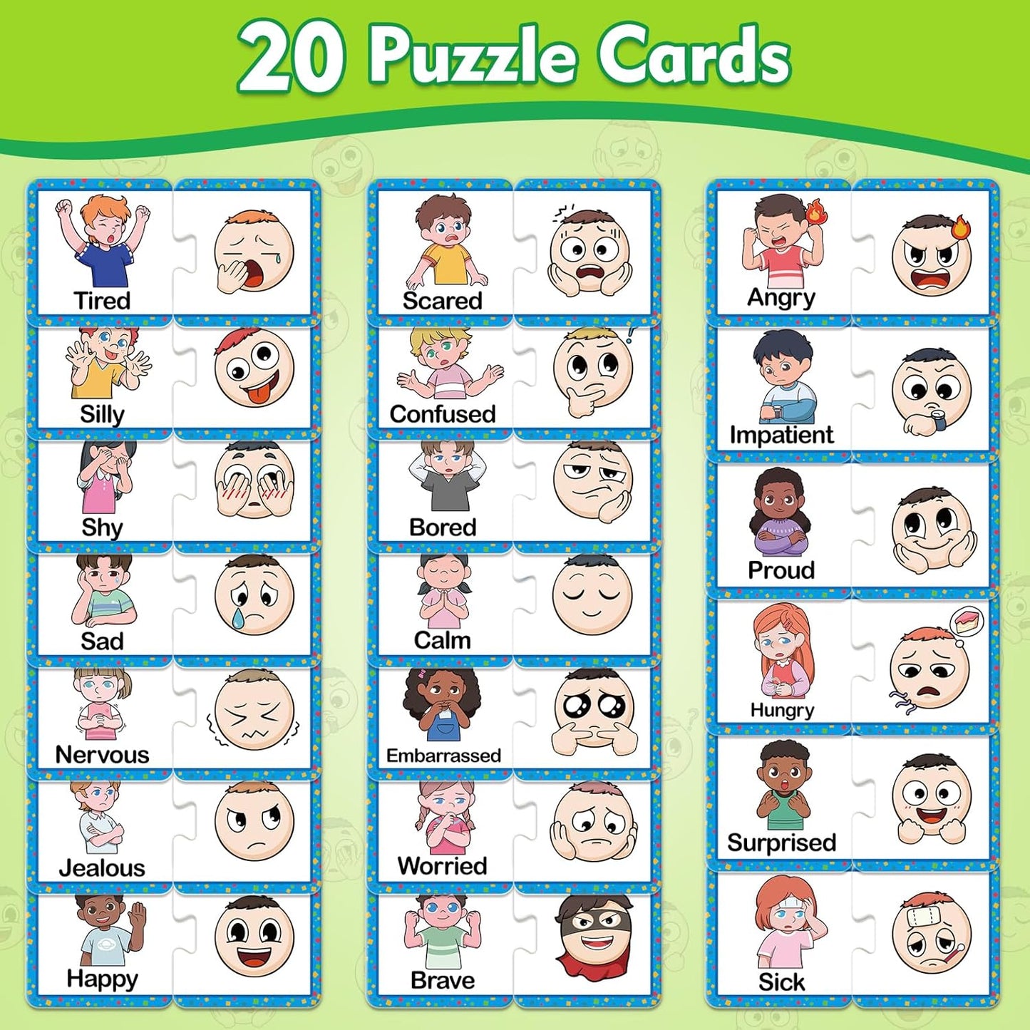 Kasfalci Feelings & Emotions Puzzle Cards,Feelings Chart Toys for Kids,Social Emotional Learning Activities,Speech Therapy Games,ADHD,Autism Learning Materials,Calm Down Corner Supplies for Classroom