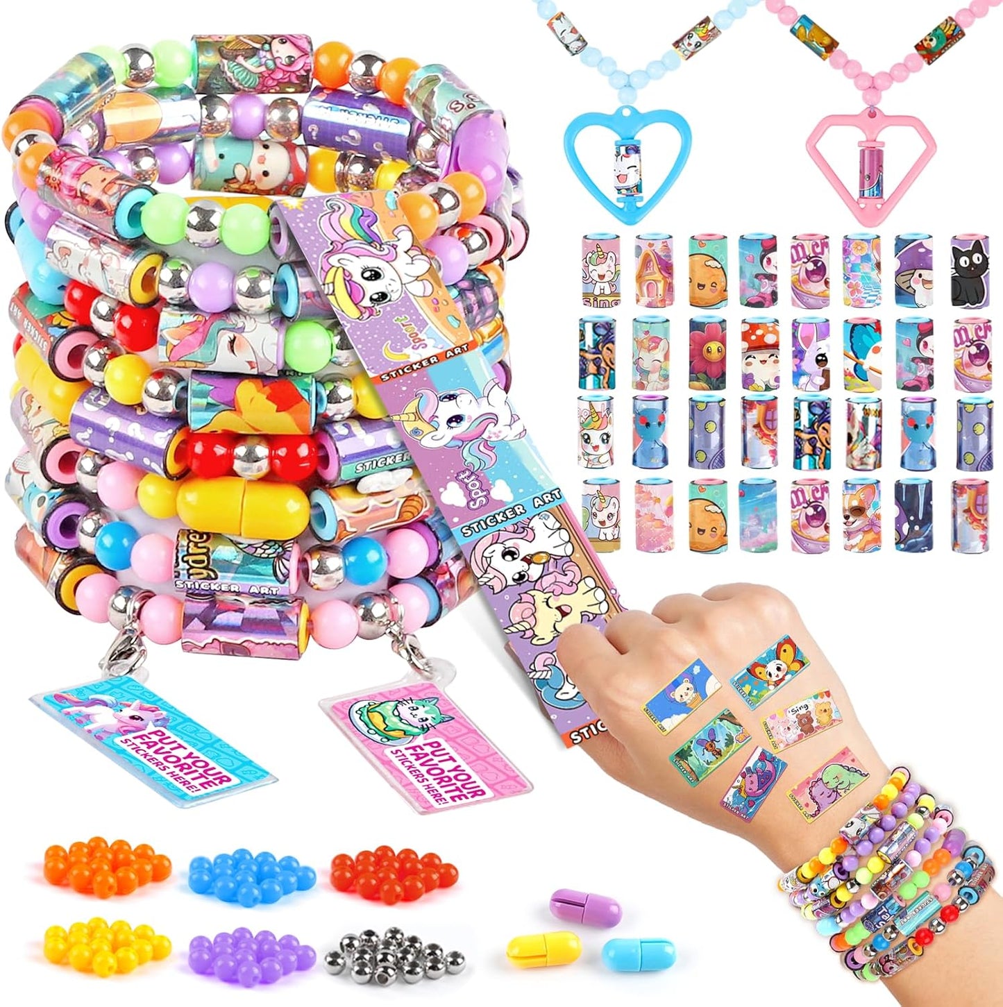 Plunack DIY Sticker Jewelry Making Kits Bracelets for Kids, Stickers Set, Includes Beads & Charms & Pendants, 320Pcs Mini Holographic Stickers, Bracelet Making Kit for Girls 6-12 Birthday Gift