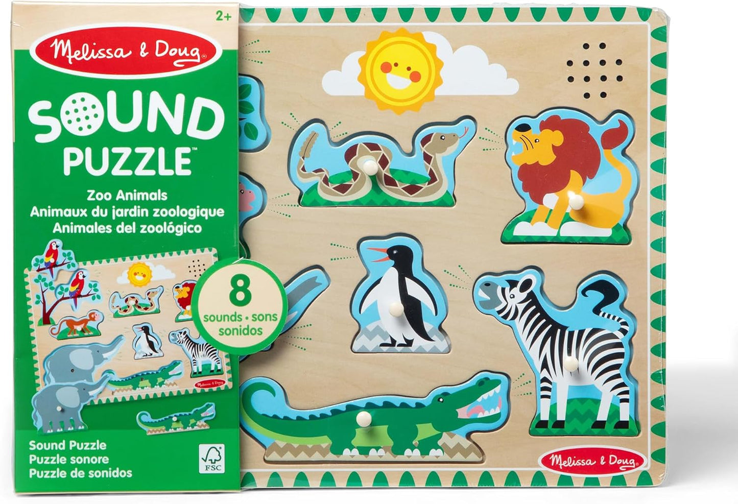 Melissa & Doug Farm Animals Sound Puzzle – 8-Piece Wooden Peg Puzzle with Light-Activated Sounds, Music Learning Toy for Toddlers and Preschoolers Ages 2+