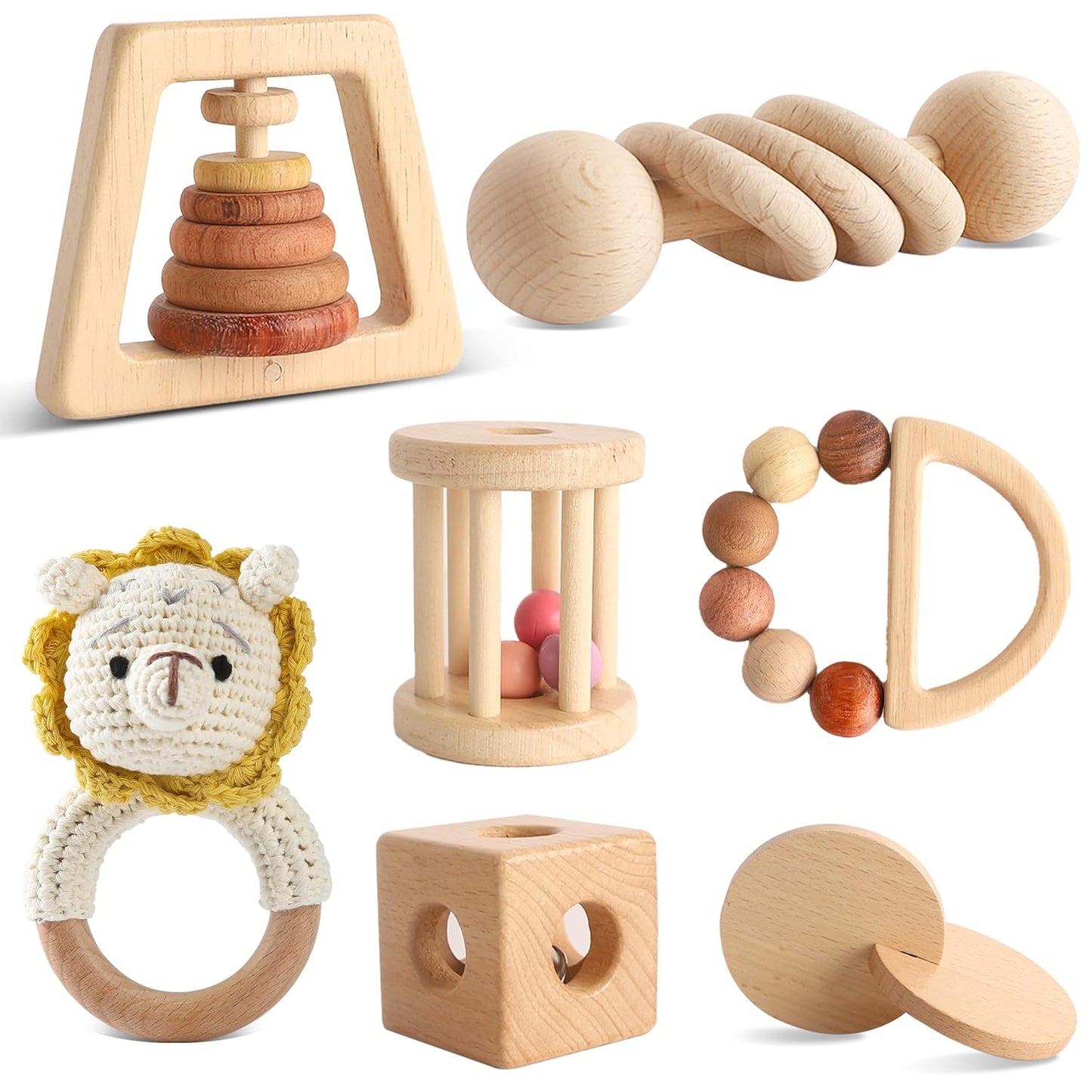 Wooden Rattles for Baby, 7PCS Wooden Montessori Toys for 7-24 Months Baby Boy Girl, Natural Beech Wood Grasping Toy, Gift for Babies