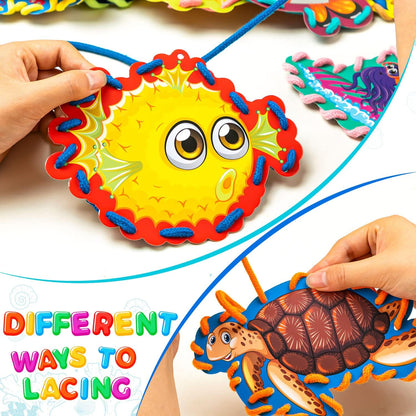 ZAUGONTW 12 Pcs Lacing Cards for Kids, Sea Animals Sewing Cards with 12 Colorful Laces, Thicken Double Sided Lacing Playing Games for Children Developing Imagination Education Supplies