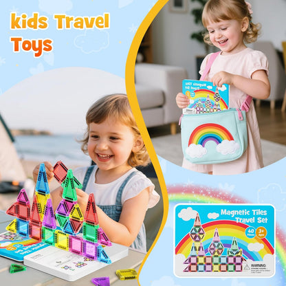 Mini Magnetic Tiles 40PCS Travel Set with Iron Storage Box, Portable STEM Building Blocks for Kids 3-8, Montessori Educational Magnet Toys for Road Trip, Airplane, Car Rides & On-The-Go Play