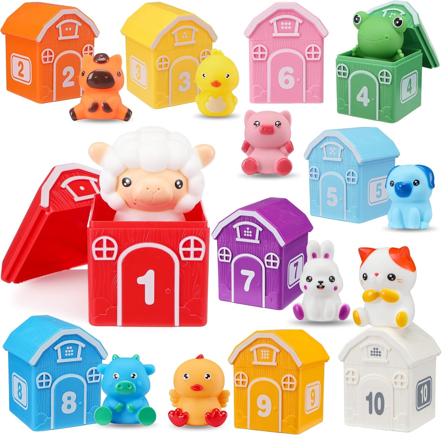 Montessori Toys for Toddlers 1 2 3 Years Old, Farm Animal Train Set with Counting Matching Sorting Activities 9 Barns, 10 Finger Puppets, 2 Stickers-Learning Toys for Baby Boys Girls, Preschool Gift