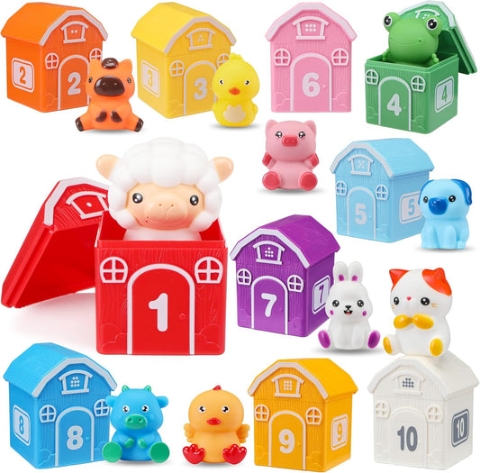 Montessori Toys for Toddlers 1 2 3 Years Old, Farm Animal Train Set with Counting Matching Sorting Activities 9 Barns, 10 Finger Puppets, 2 Stickers-Learning Toys for Baby Boys Girls, Preschool Gift