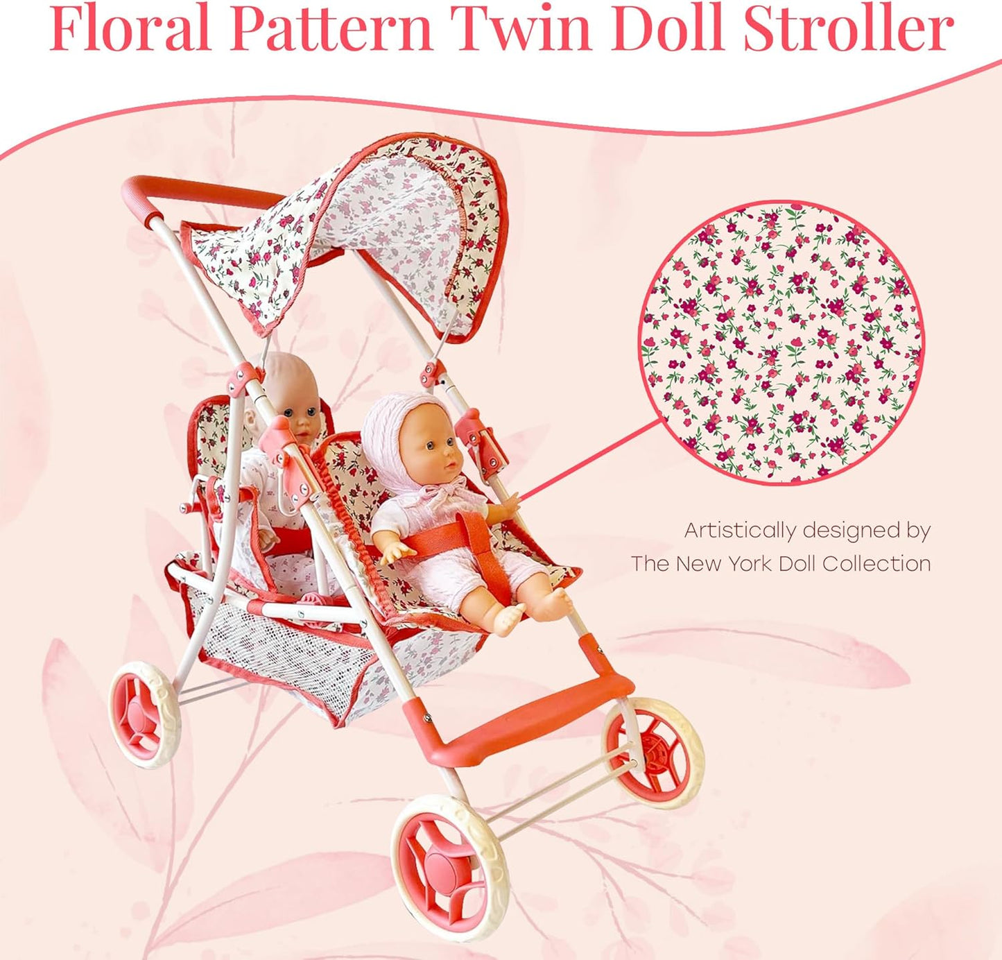 The New York Doll Collection First Twin Stroller - Cutest Heart Design Baby Strollers Great Toy Gift for Toddlers and Girls (Denim) Blue,pink
