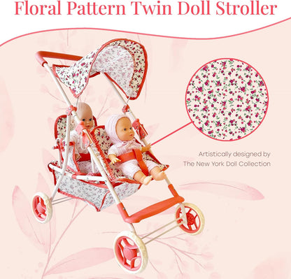 The New York Doll Collection First Twin Stroller - Cutest Heart Design Baby Strollers Great Toy Gift for Toddlers and Girls (Denim) Blue,pink