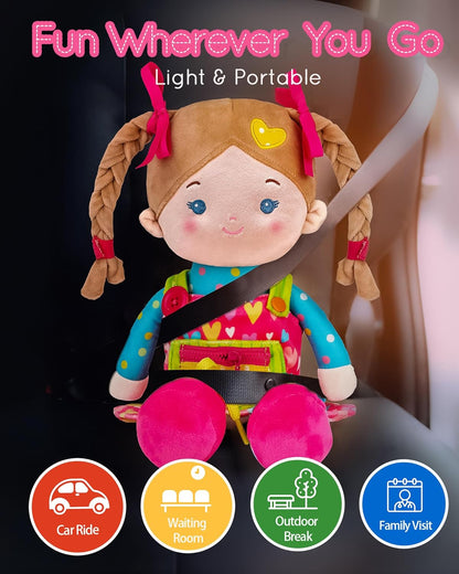 LeyaDoll Soft Bady Educational Soft Baby Doll(16''), Learning Sensory Doll for Toddlers, Montessori Toys for 2-Year-Old Girls Christmas, Birthday Gifts, Plush Doll with Button-Busy Cupcake-Girl