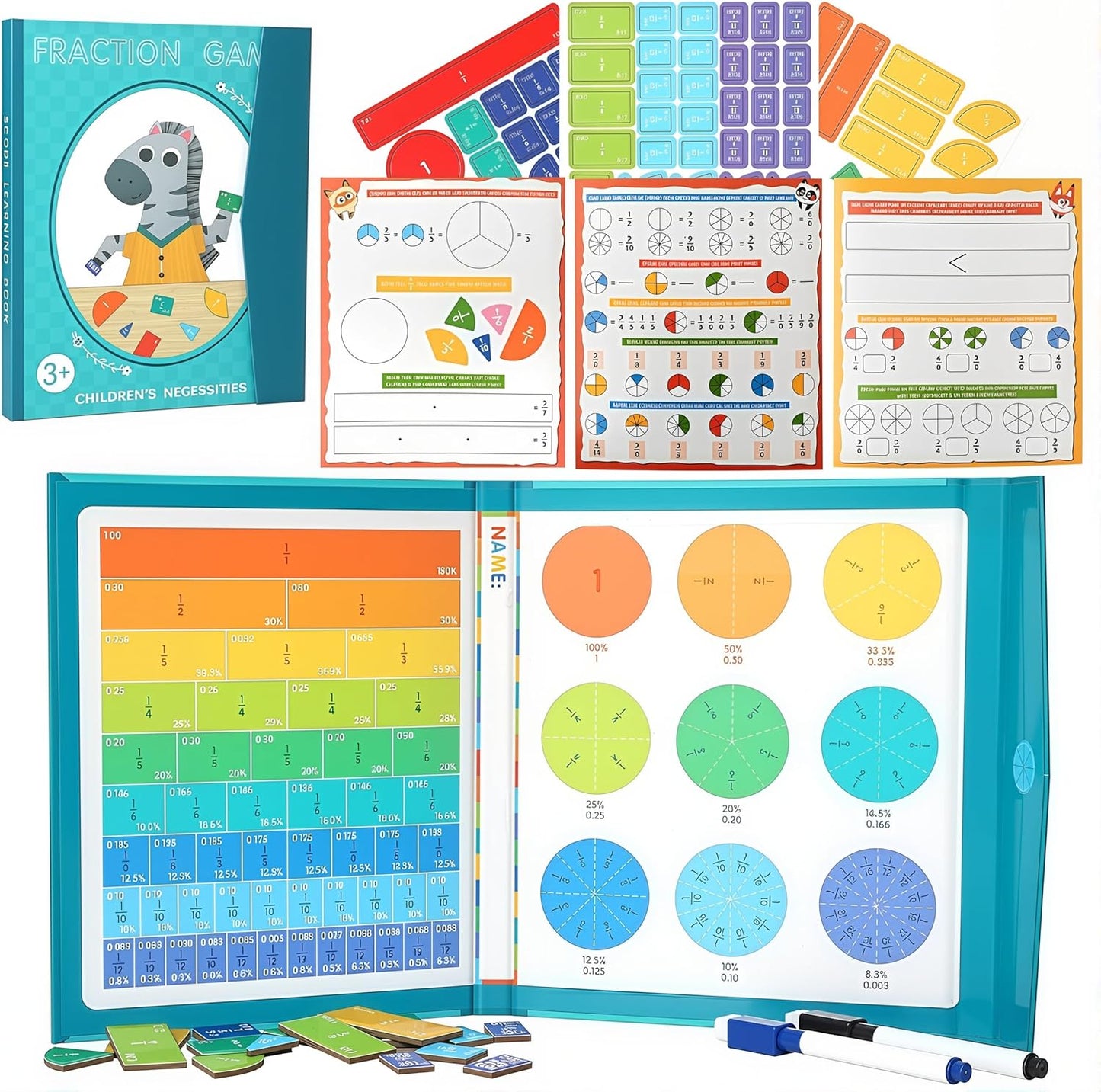 Magnetic Fraction Demonstration Book for Kids, 51 Pcs Montessori Math Manipulatives with Fraction Tiles & Circles, STEM Learning Toys for Elementary School, Homeschool Supplies (Grades K-5)