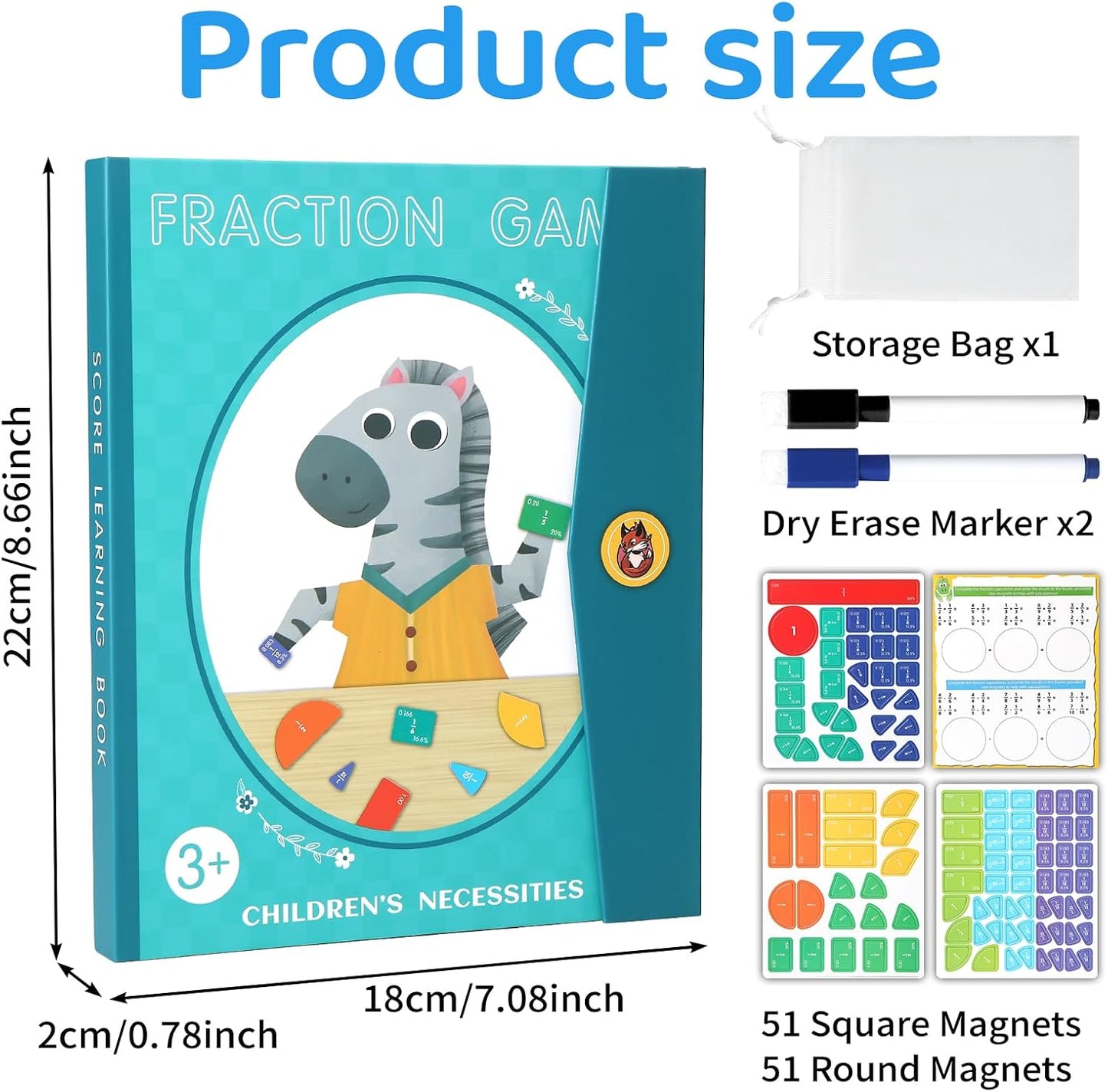 Magnetic Fraction Demonstration Book for Kids, 51 Pcs Montessori Math Manipulatives with Fraction Tiles & Circles, STEM Learning Toys for Elementary School, Homeschool Supplies (Grades K-5)