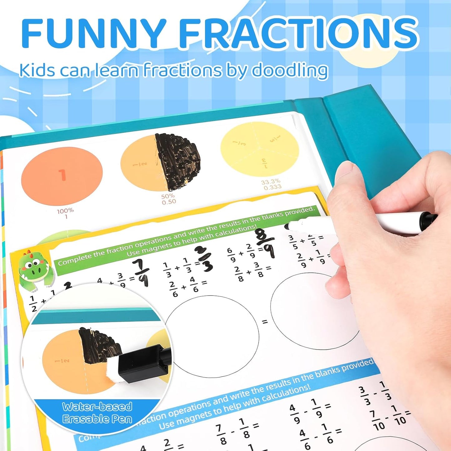 Magnetic Fraction Demonstration Book for Kids, 51 Pcs Montessori Math Manipulatives with Fraction Tiles & Circles, STEM Learning Toys for Elementary School, Homeschool Supplies (Grades K-5)