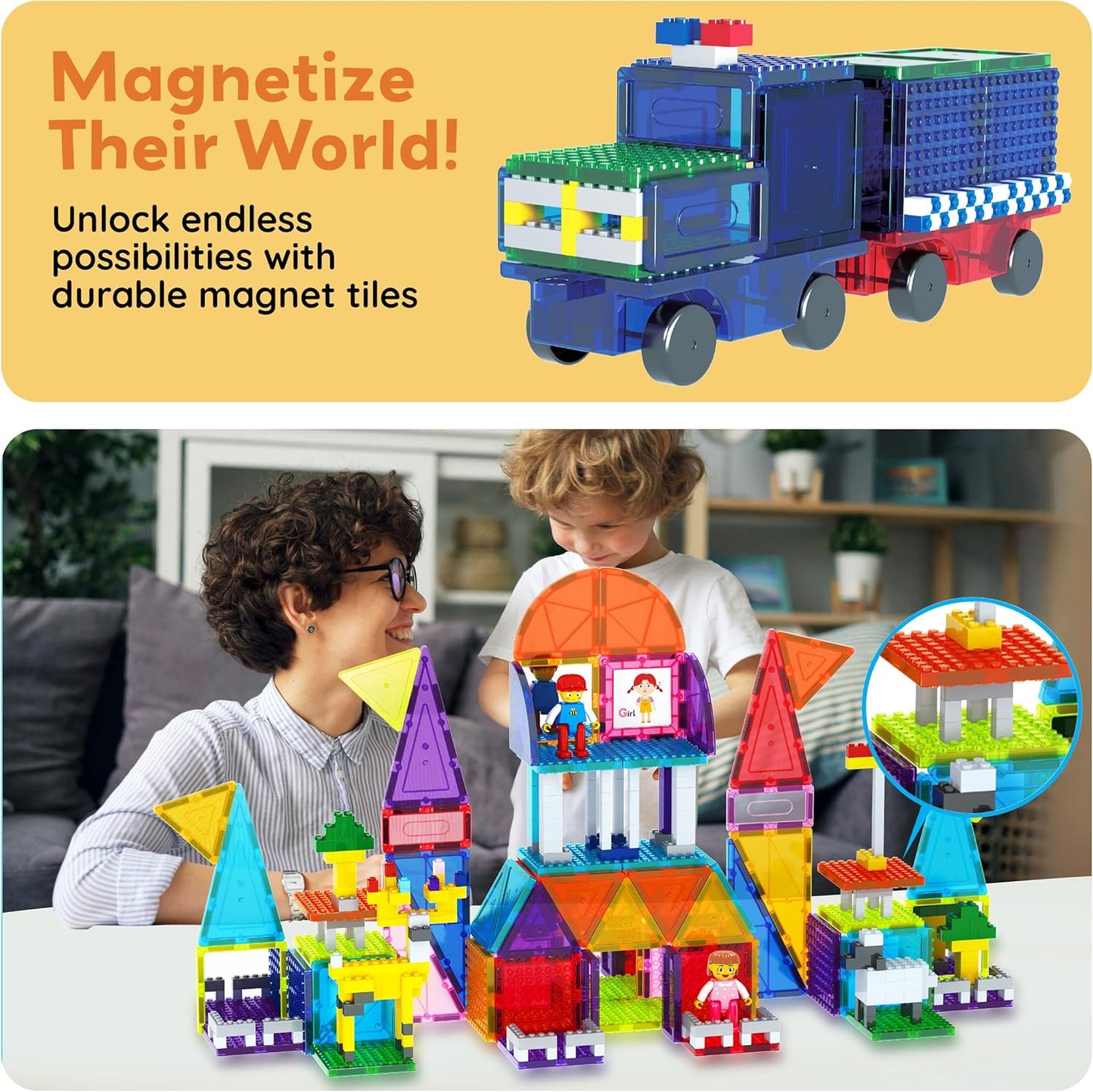 PicassoTiles 333pcs Magnetic Brick Tile and Magnetic Tile Combo Set, Action Figures included, Building Blocks STEM Toys, Educational Montessori Preschool Toddler classroom learning toys, Kids activity