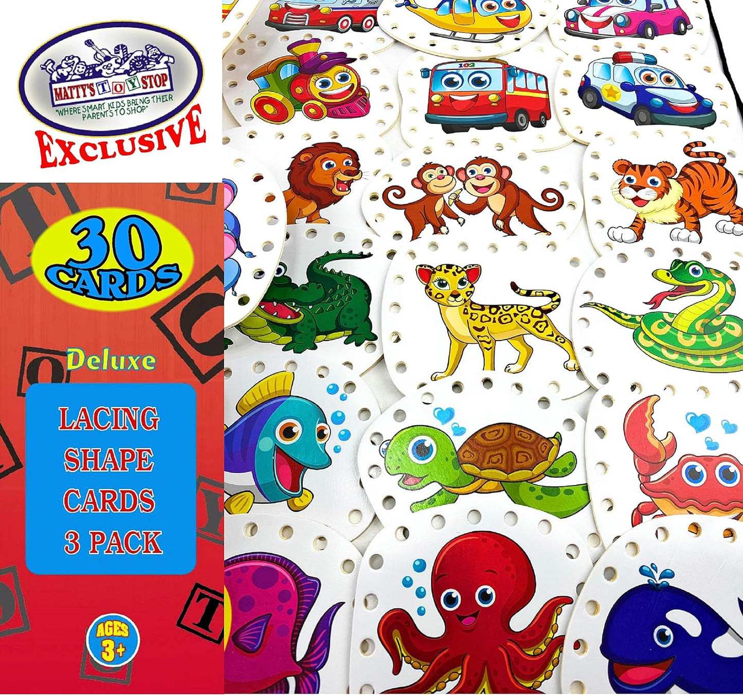 Matty's Toy Stop Deluxe Lacing Shapes (10 Count) Vehicles, Fish & Jungle Animals Educational Gift Set Bundle - 3 Pack (30 Shapes Total)