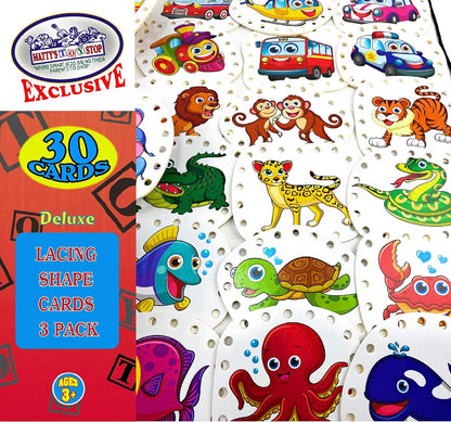 Matty's Toy Stop Deluxe Lacing Shapes (10 Count) Vehicles, Fish & Jungle Animals Educational Gift Set Bundle - 3 Pack (30 Shapes Total)