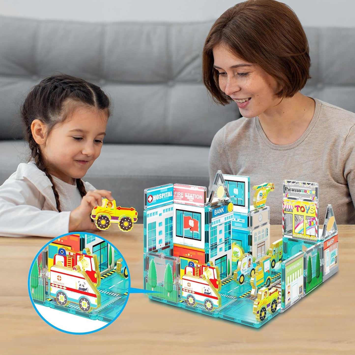 PicassoTiles Magnetic Tile Building Blocks Add On 8 Magnetized Action Figures Construction Vehicles & Zoo Animal Theme Compatible with Magnet Tiles Sets STEM Learning Toy for Boys & Girls Age 3+ PTA21