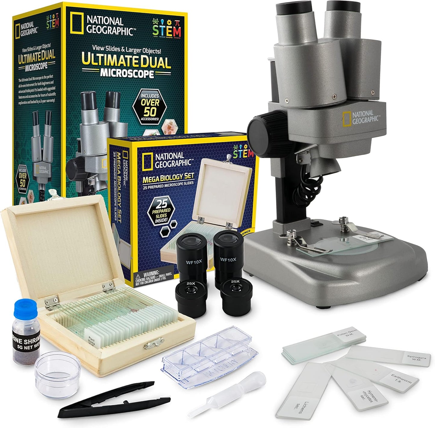 National Geographic Dual LED Kids Microscope - 50+ pc Science Kit with 10 Prepared Slides & 10 DIY Blank Slides, Biology Experiment Activity, Microscope Kit for Kids 8-12 (Amazon Exclusive)