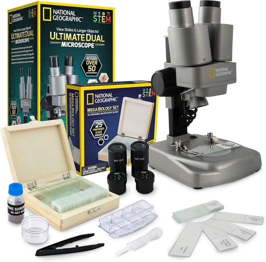 National Geographic Dual LED Kids Microscope - 50+ pc Science Kit with 10 Prepared Slides & 10 DIY Blank Slides, Biology Experiment Activity, Microscope Kit for Kids 8-12 (Amazon Exclusive)