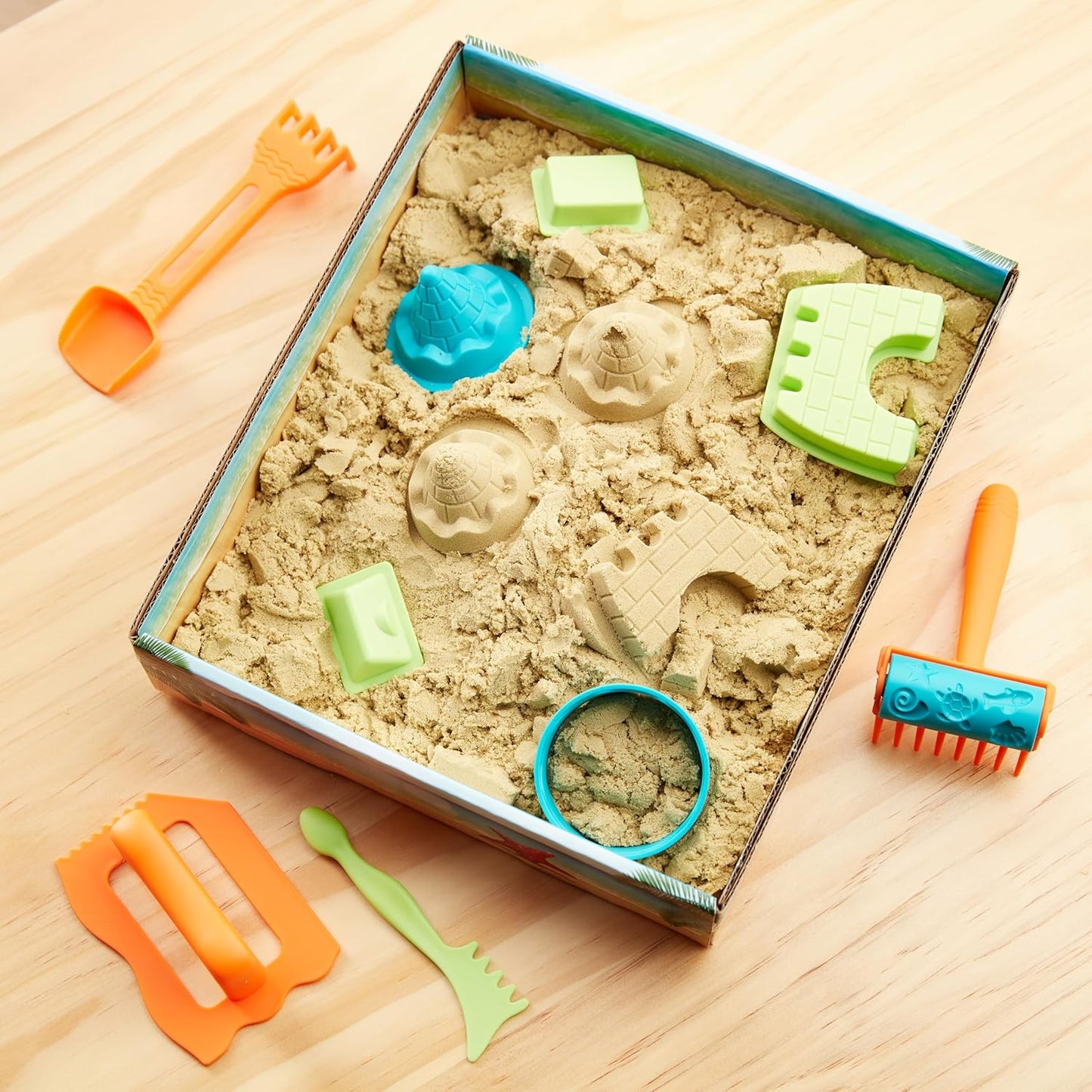 Amazon Basics 11 Piece Moldable Sensory Sand Toy Kit with Castle Molds and Tools, 3lbs Blue Color, for Kids Ages 3 and Up