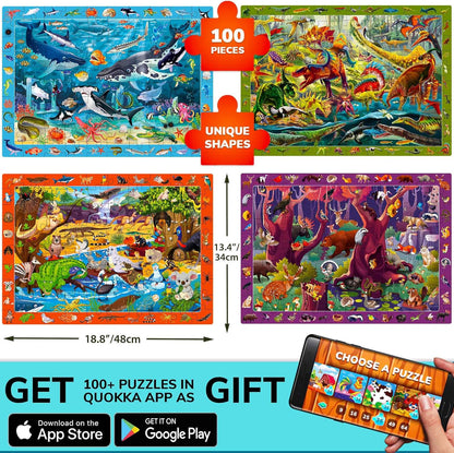 QUOKKA 100 Piece Puzzles for Kids Ages 4-6 - 4 Jigsaw Puzzles for Kids Ages 6-8 - Search and Find Game with Animals, Dinosaurs for Childrens 5-8 - Learning Educational Toys for Boys and Girls 8-11