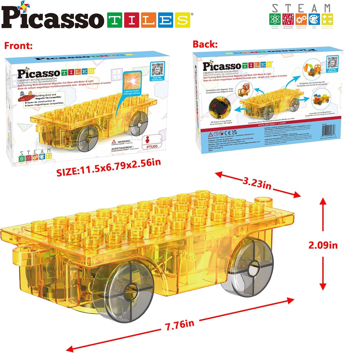 PicassoTiles Magnet Tile Construction Themed Building Blocks 5-in-1 Crane, Ladder, Dump Truck, Excavator, and Backhoe Action Figures, 2 Car Base Vehicles Magnetic Tiles Learning Toys Kids Ages3+ PTU06