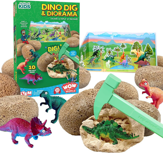 Wow in the World Dino DIG & Diorama | 10 Dig-Out Plaster Dinosaur Eggs, Prehistoric DIY Diorama, Companion Audio Content, Bonus Reusable Science Tool, STEM Toy for Kids 4+ by Thames & Kosmos