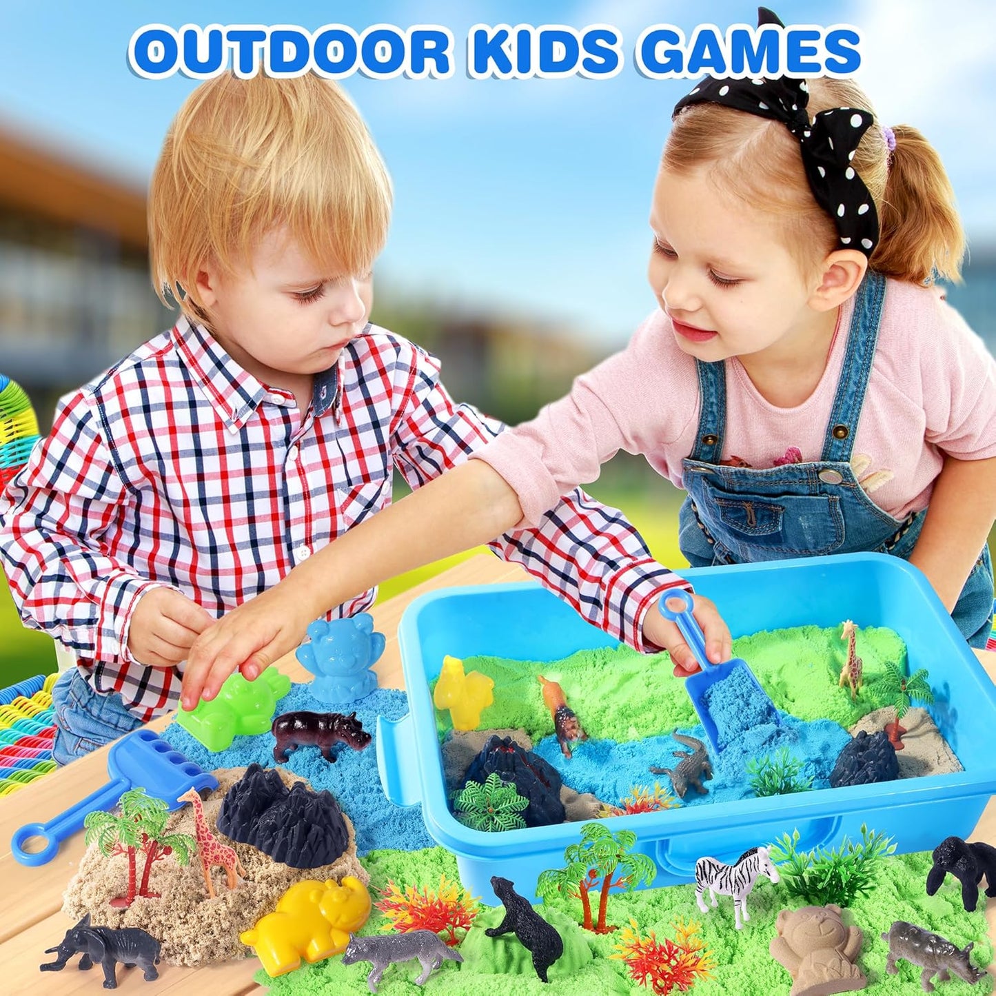 Billeeit Animal Sensory Bin Sand Toy, Play Sand Kit w/lid and 2.2lbs Moldable Sensory Sand, Molds, Tools, Map Set 30+pcs Total, Fun Gifts for Kids 3+