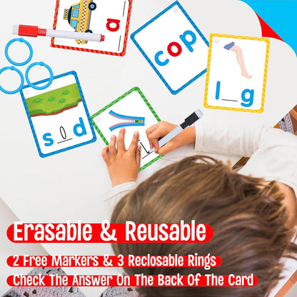 CVC Word Writing Cards, 120 Double Sided Handwriting Cards Short Vowel Spelling Flashcards CVC Sight Words Early Educational Tool for Kids 3 4 5 Years Old (Plus 2 Markers & 3 Reclosable Plastic Rings)