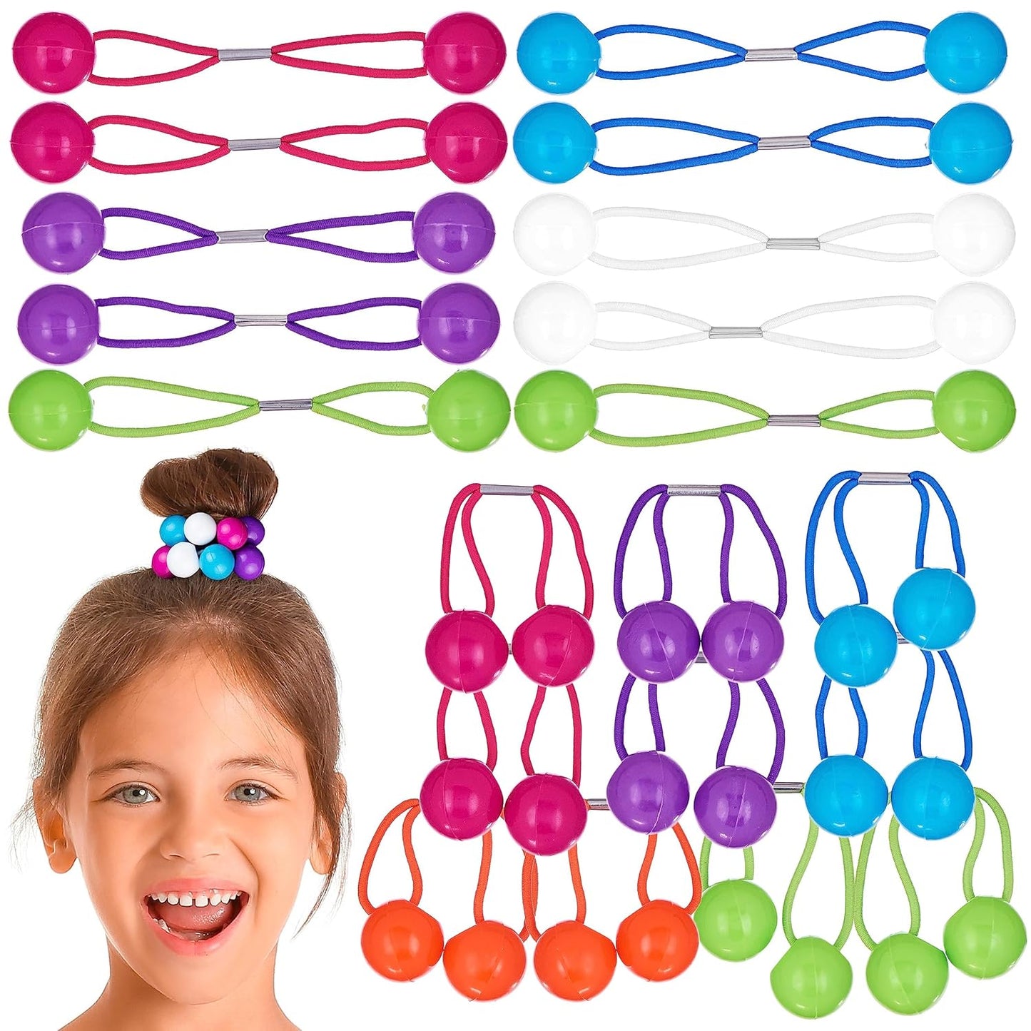 20pc Ponytailers Balls Elastics 18mm Round Opaque Multicolored Twin Beads Bauble Holders Toddler Kids Braiding Styling