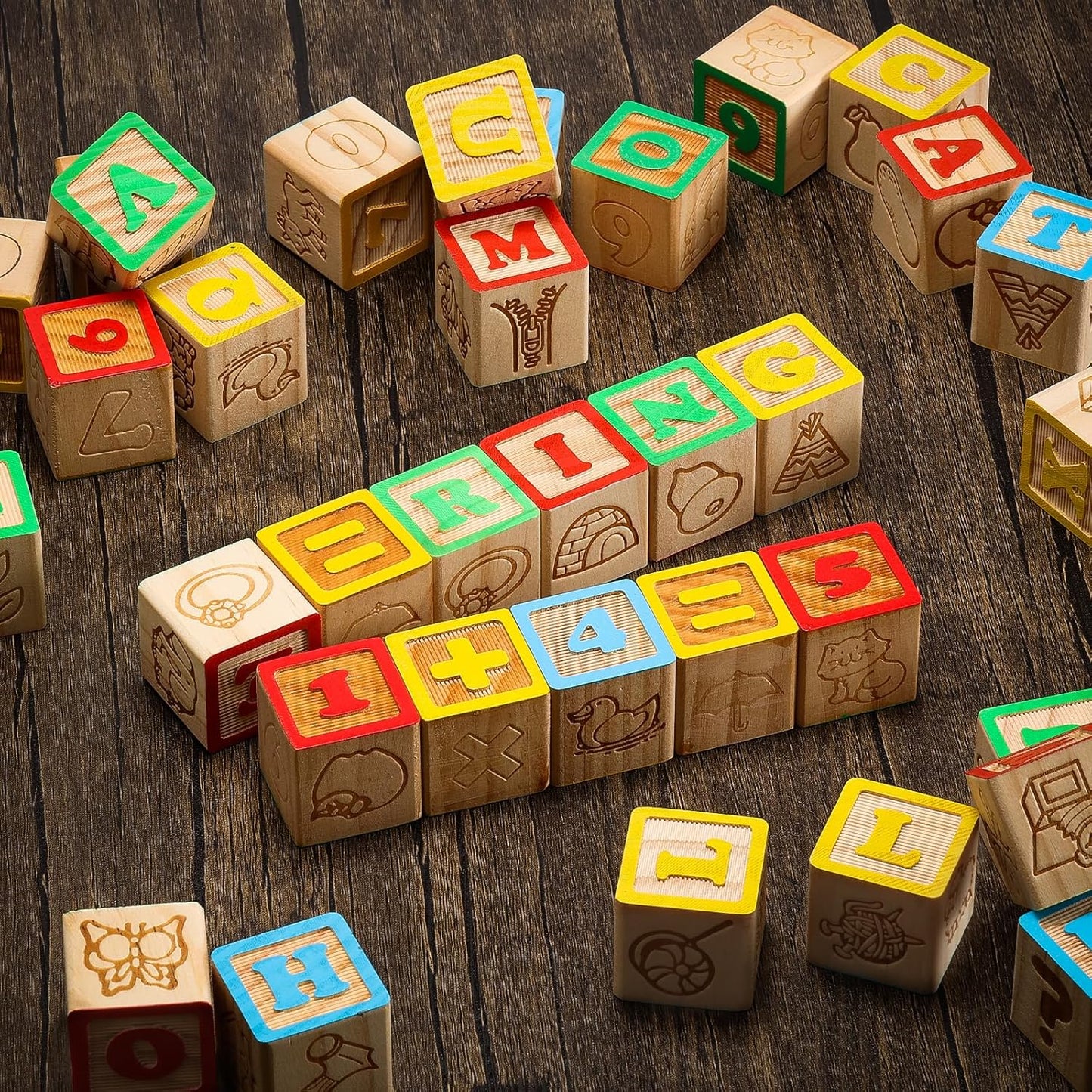 SainSmart Jr. Wooden Alphabet Blocks 1.73 Inch, 30Pcs Building Blocks Including Letters, Numbers and Animals, Montessori Wooden Blocks for Preschool Toddlers
