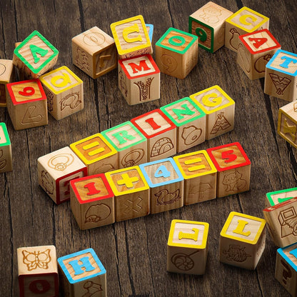 SainSmart Jr. Wooden Alphabet Blocks 1.73 Inch, 30Pcs Building Blocks Including Letters, Numbers and Animals, Montessori Wooden Blocks for Preschool Toddlers