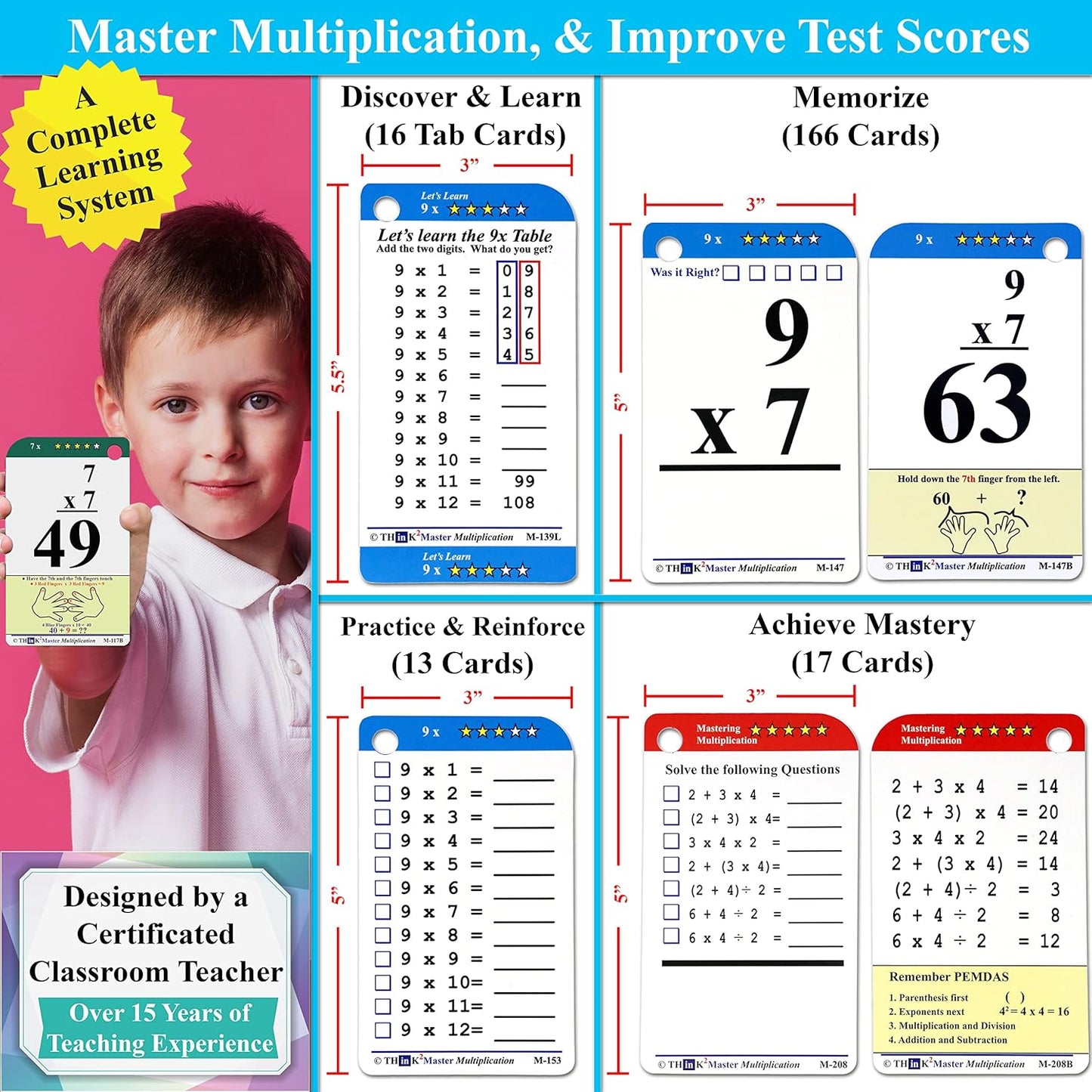 Think2Master Multiplication Flash Cards. 215 Laminated Premium Flashcards (All 0-12 X Facts)| Learn More| Bonus: 2 Dry Erase Markers & 5 Rings. | Designed by A Teacher to Improve Test Scores