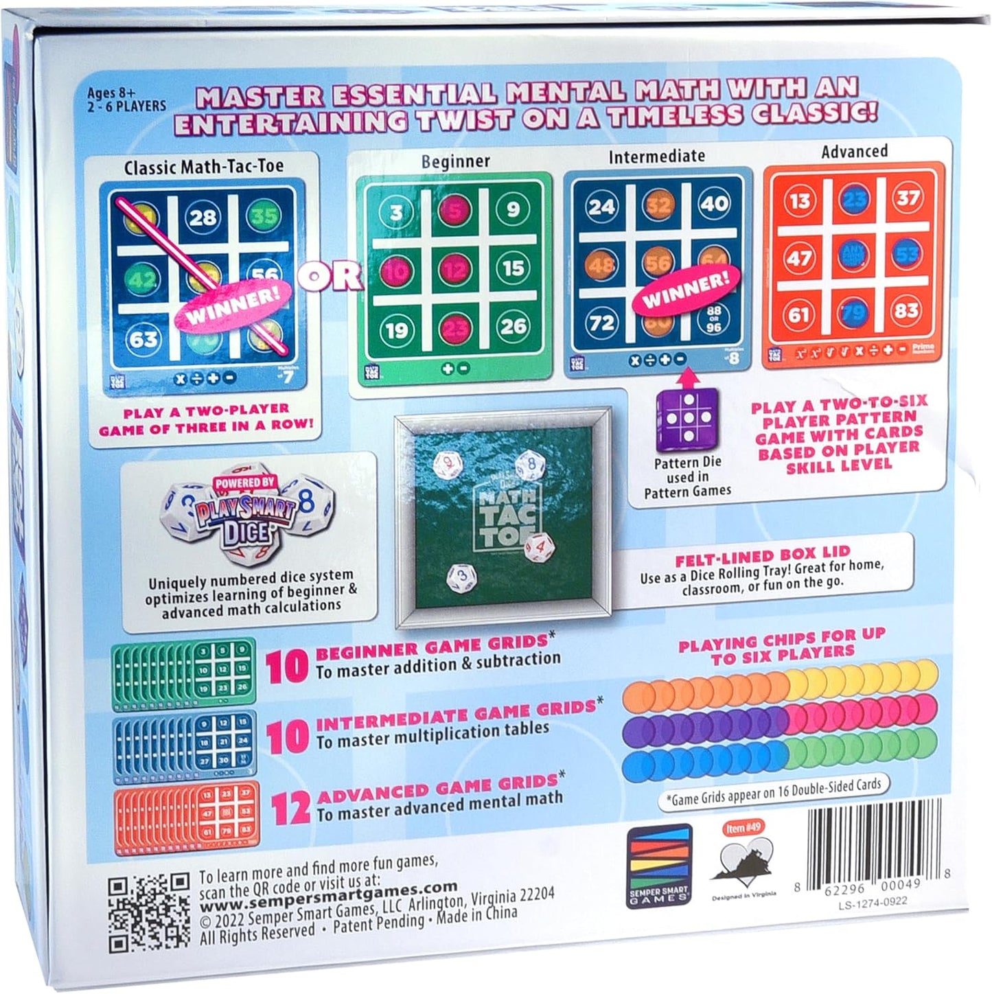 Semper Smart Games PlaySmart Dice Math-Tac-Toe Math Game: Get Sharp on Mental Math with a Fun New Twist on a Timeless Classic! Multiple Skill-leveled Math Bingo Made Fun for 8 and up